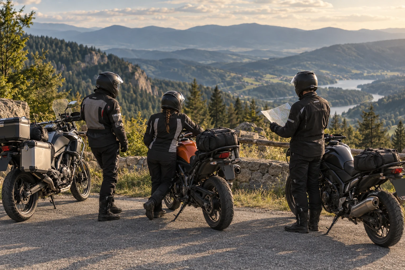 Viajeros en moto en un mirador de montaña — ilustración con IA