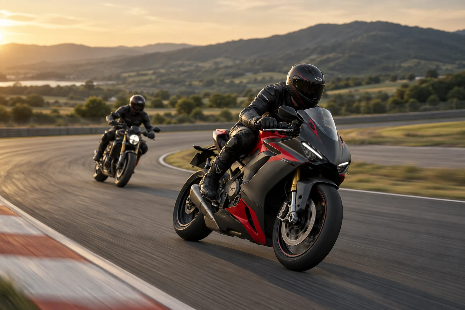 Moto deportiva y naked en un circuito de asfalto — ilustración con IA